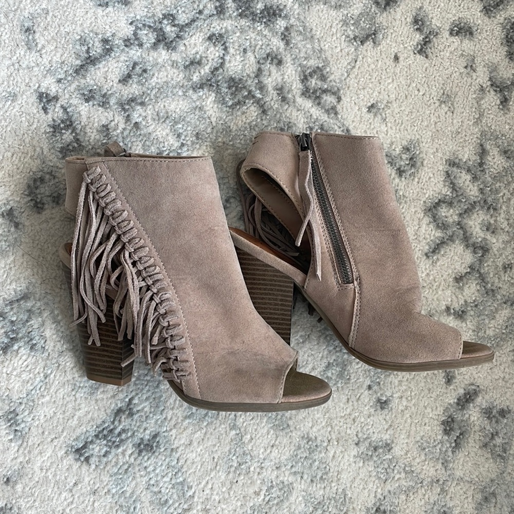 Western fringe open toed heeled booties